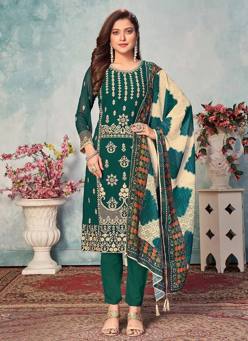 Green and Gold Embroidered Trendy Pant Style Suit