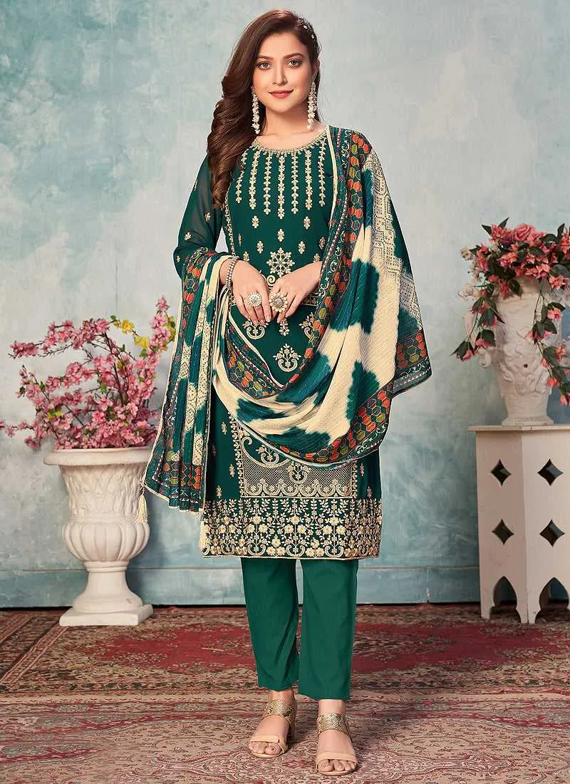 Green and Gold Embroidered Trendy Pant Style Suit