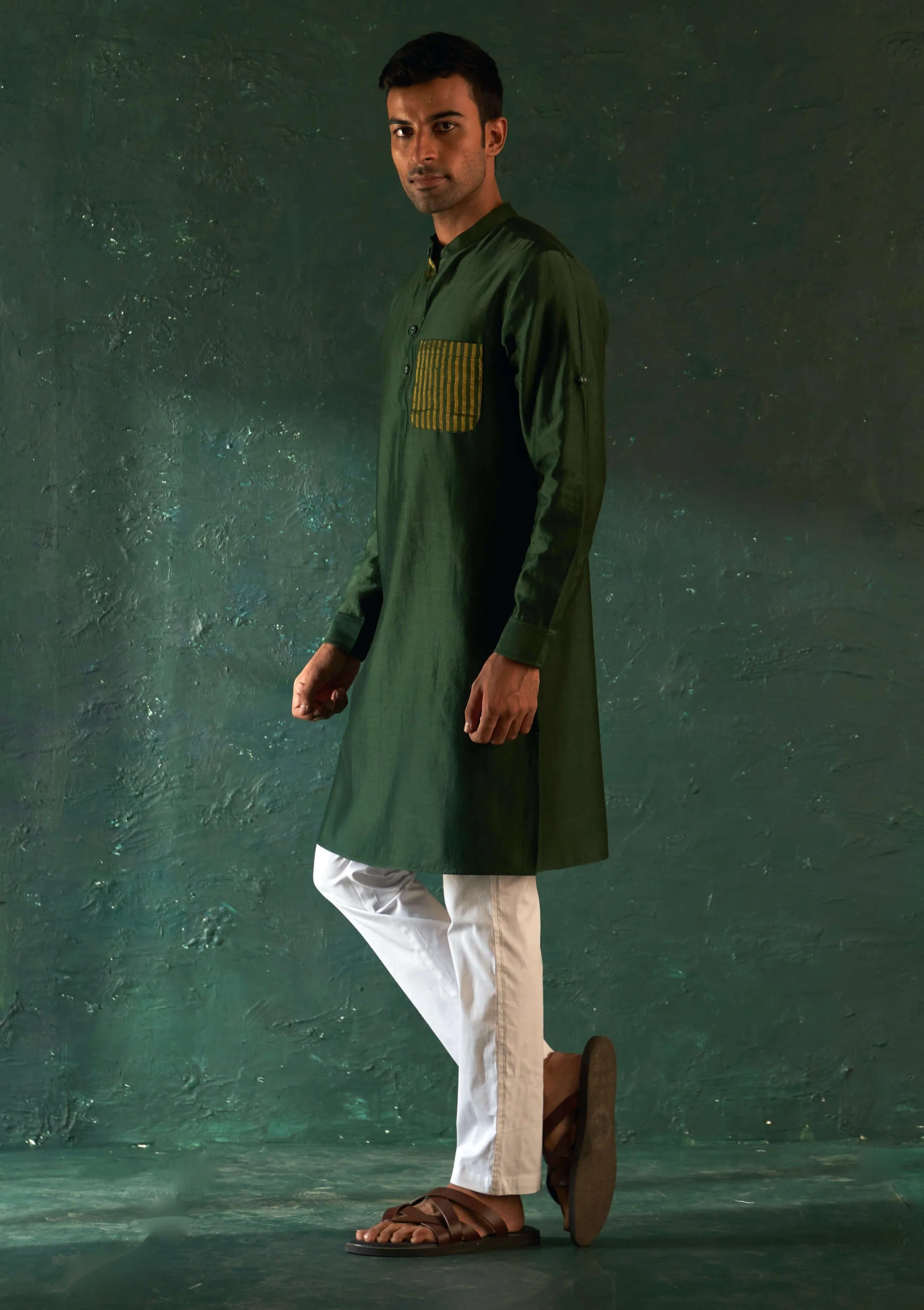 Green chanderi straight kurta and pants