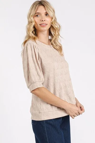 Hazel Blues® |  Mittoshop Fan Shell Texture Short Puff Sleeve Knit Top