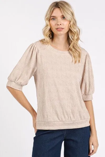 Hazel Blues® |  Mittoshop Fan Shell Texture Short Puff Sleeve Knit Top