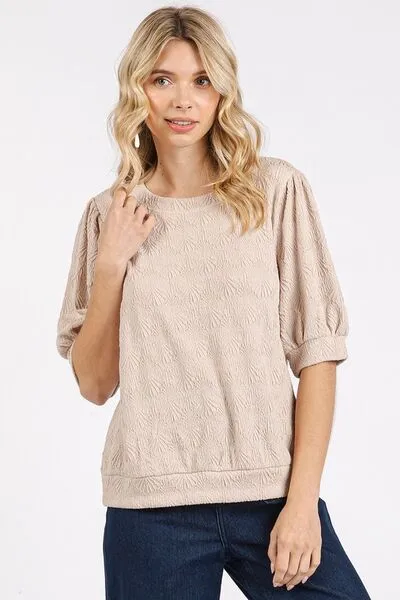 Hazel Blues® |  Mittoshop Fan Shell Texture Short Puff Sleeve Knit Top
