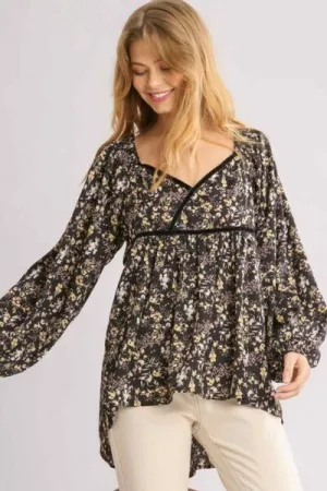 Hazel Blues® | Umgee Floral Print Velvet Trimmed Balloon Sleeve Top