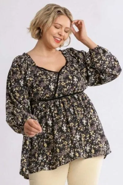 Hazel Blues® | Umgee Floral Print Velvet Trimmed Balloon Sleeve Top