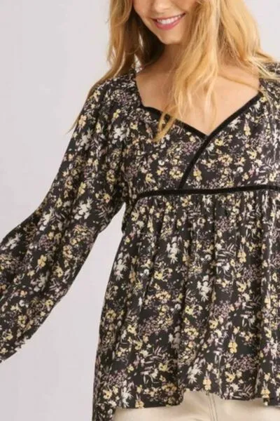 Hazel Blues® | Umgee Floral Print Velvet Trimmed Balloon Sleeve Top