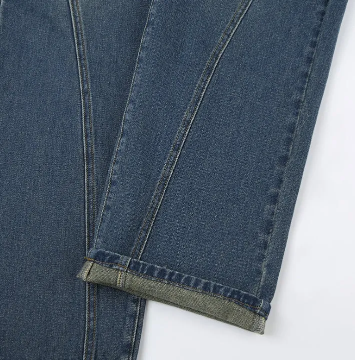 High-Waisted Loose-Fit Straight-Leg Denim Pants with V-Shaped Tie Straps.W-240523-7