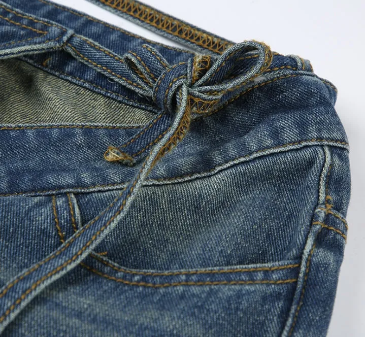 High-Waisted Loose-Fit Straight-Leg Denim Pants with V-Shaped Tie Straps.W-240523-7