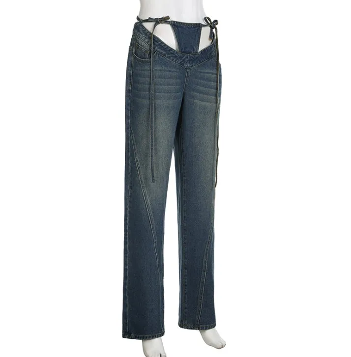 High-Waisted Loose-Fit Straight-Leg Denim Pants with V-Shaped Tie Straps.W-240523-7