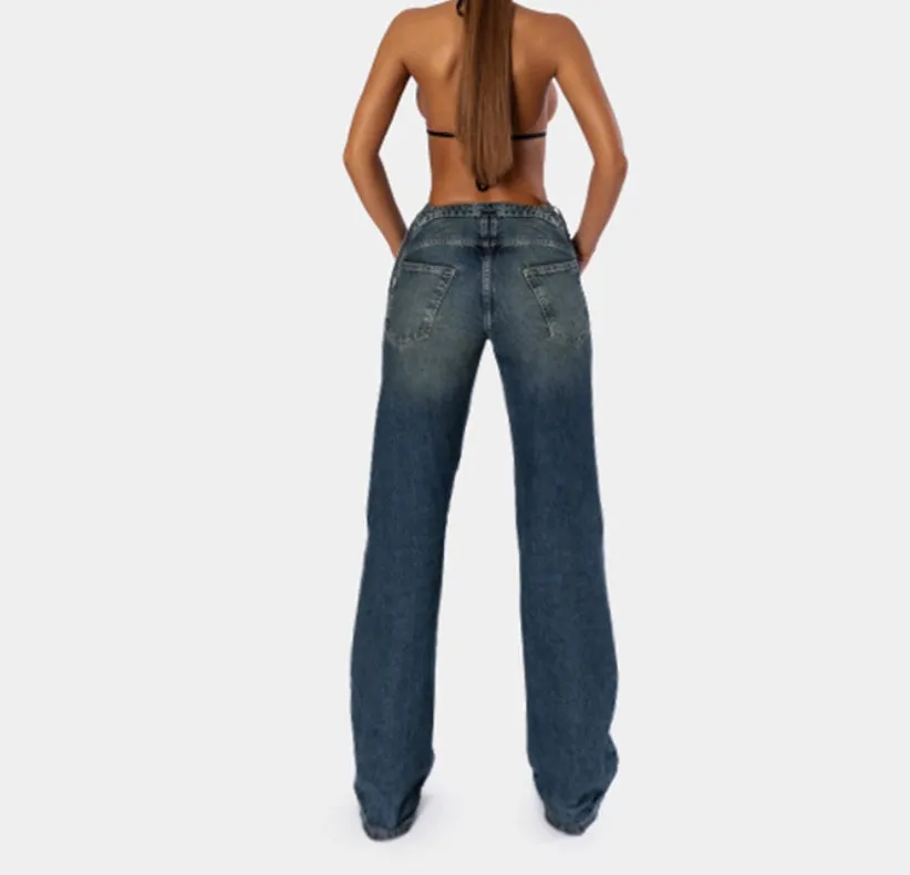 High-Waisted Loose-Fit Straight-Leg Denim Pants with V-Shaped Tie Straps.W-240523-7