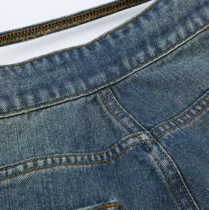 High-Waisted Loose-Fit Straight-Leg Denim Pants with V-Shaped Tie Straps.W-240523-7