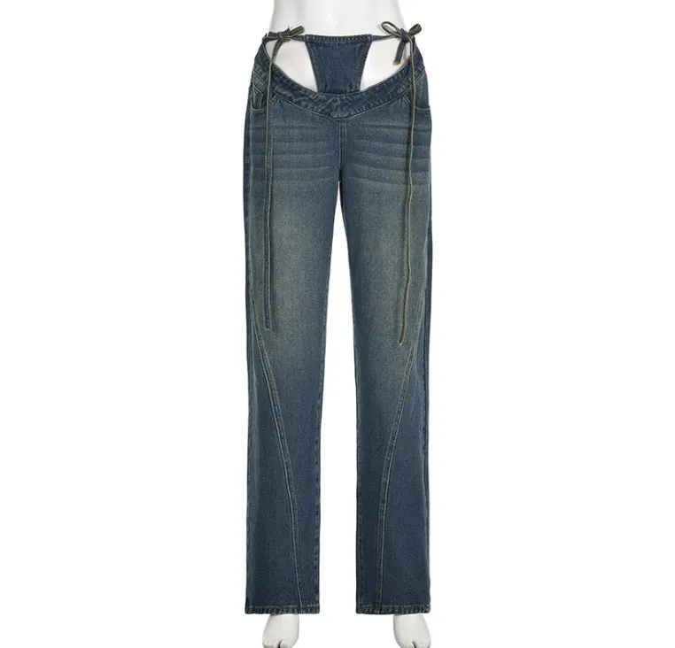 High-Waisted Loose-Fit Straight-Leg Denim Pants with V-Shaped Tie Straps.W-240523-7
