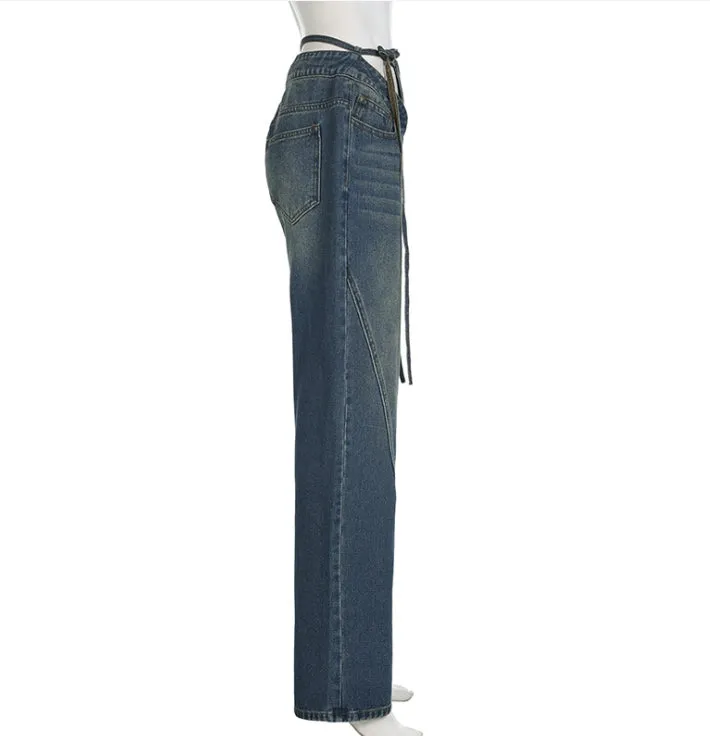 High-Waisted Loose-Fit Straight-Leg Denim Pants with V-Shaped Tie Straps.W-240523-7
