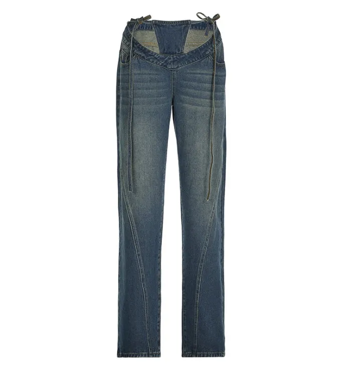 High-Waisted Loose-Fit Straight-Leg Denim Pants with V-Shaped Tie Straps.W-240523-7