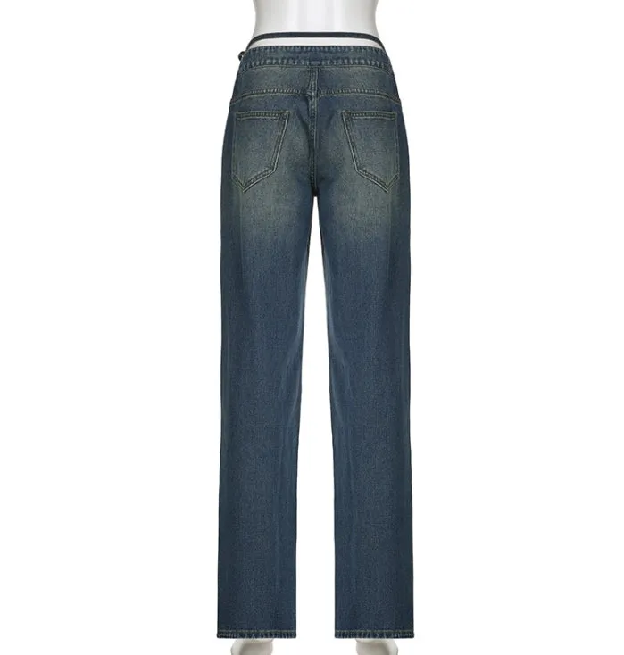 High-Waisted Loose-Fit Straight-Leg Denim Pants with V-Shaped Tie Straps.W-240523-7