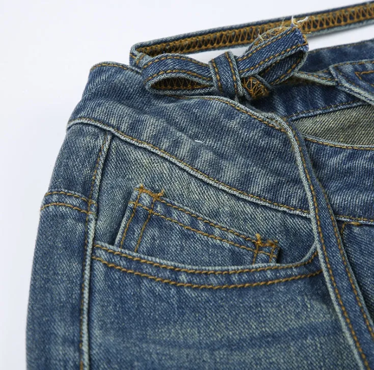 High-Waisted Loose-Fit Straight-Leg Denim Pants with V-Shaped Tie Straps.W-240523-7