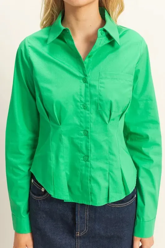HYFVE Long Sleeve Pleated Waist Poplin Shirt