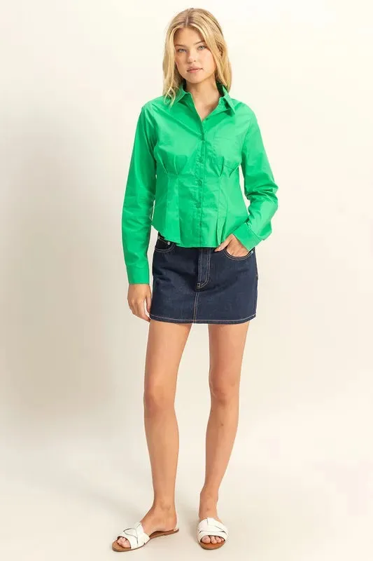 HYFVE Long Sleeve Pleated Waist Poplin Shirt
