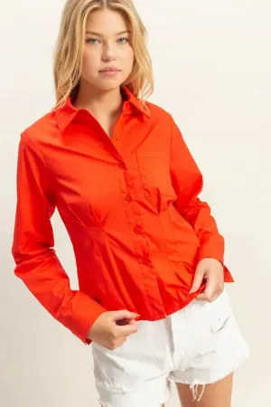 HYFVE Long Sleeve Pleated Waist Poplin Shirt
