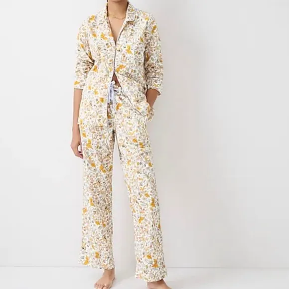 J. Crew Long Sleeve Cotton Poplin Pajama Set in Sunny Blooms Size 3X Pockets