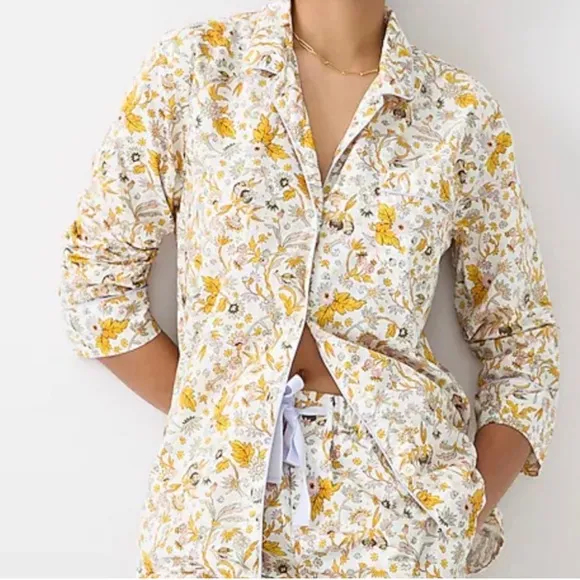 J. Crew Long Sleeve Cotton Poplin Pajama Set in Sunny Blooms Size 3X Pockets