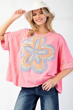 Jazzie Flower Patch Slub Top- Malibu Pink