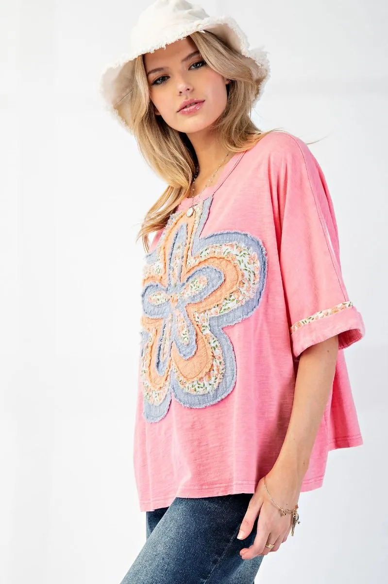 Jazzie Flower Patch Slub Top- Malibu Pink