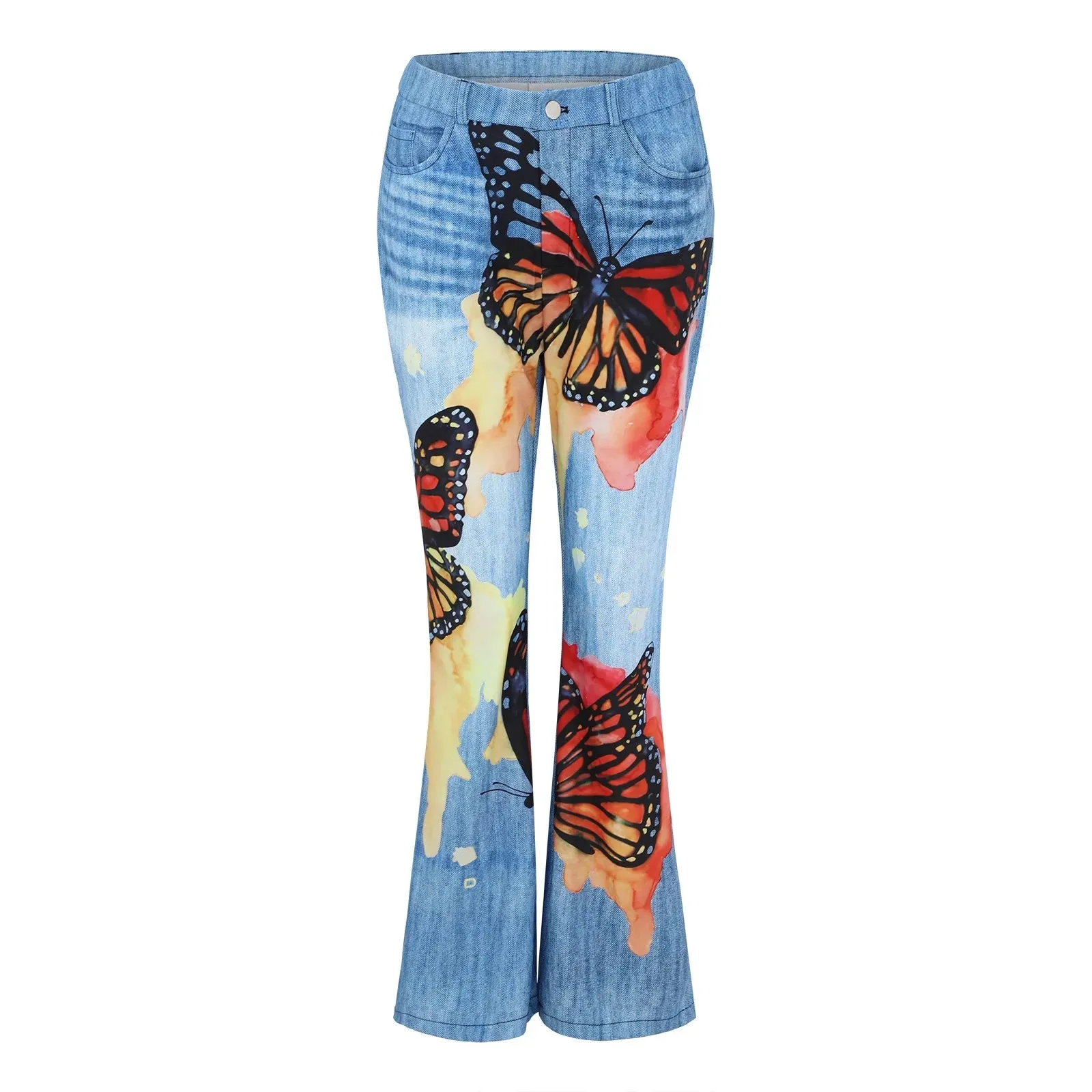 Jeans For Women High Waist Cargo Pants Bootcut Distressed Flared Denim Print Pants Flower Print Faux Denim Jeans Джинсы Женский