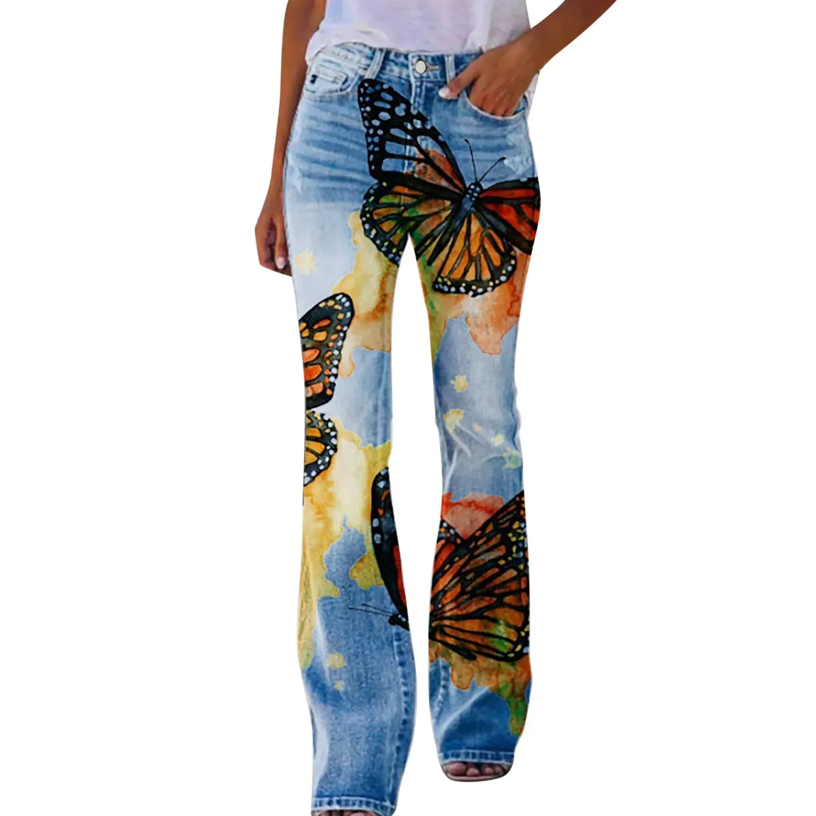 Jeans For Women High Waist Cargo Pants Bootcut Distressed Flared Denim Print Pants Flower Print Faux Denim Jeans Джинсы Женский