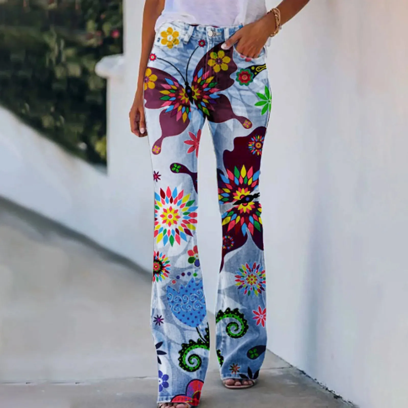 Jeans For Women High Waist Cargo Pants Bootcut Distressed Flared Denim Print Pants Flower Print Faux Denim Jeans Джинсы Женский