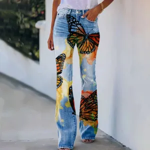 Jeans For Women High Waist Cargo Pants Bootcut Distressed Flared Denim Print Pants Flower Print Faux Denim Jeans Джинсы Женский