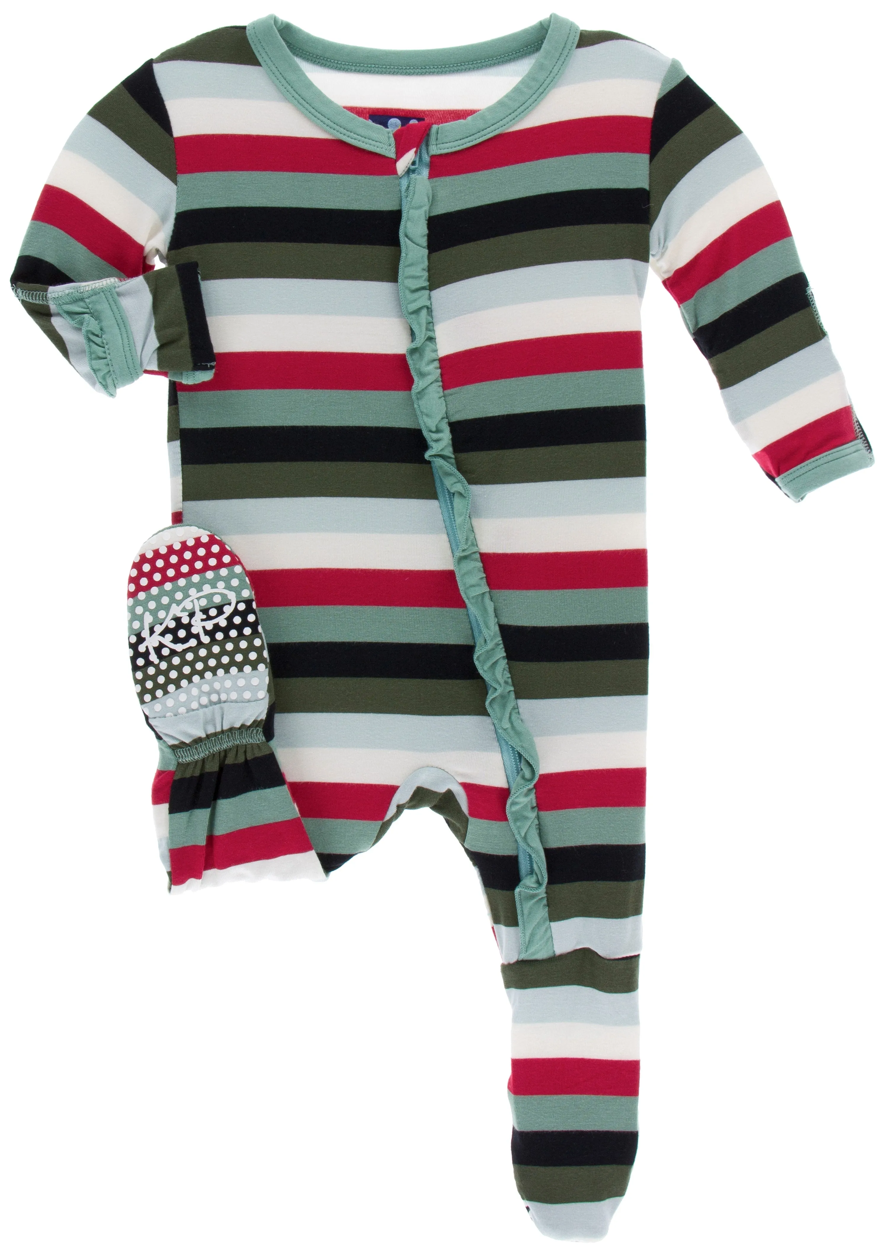 KicKee Pants Christmas Multi Stripe Classic Ruffle Footie with Zipper
