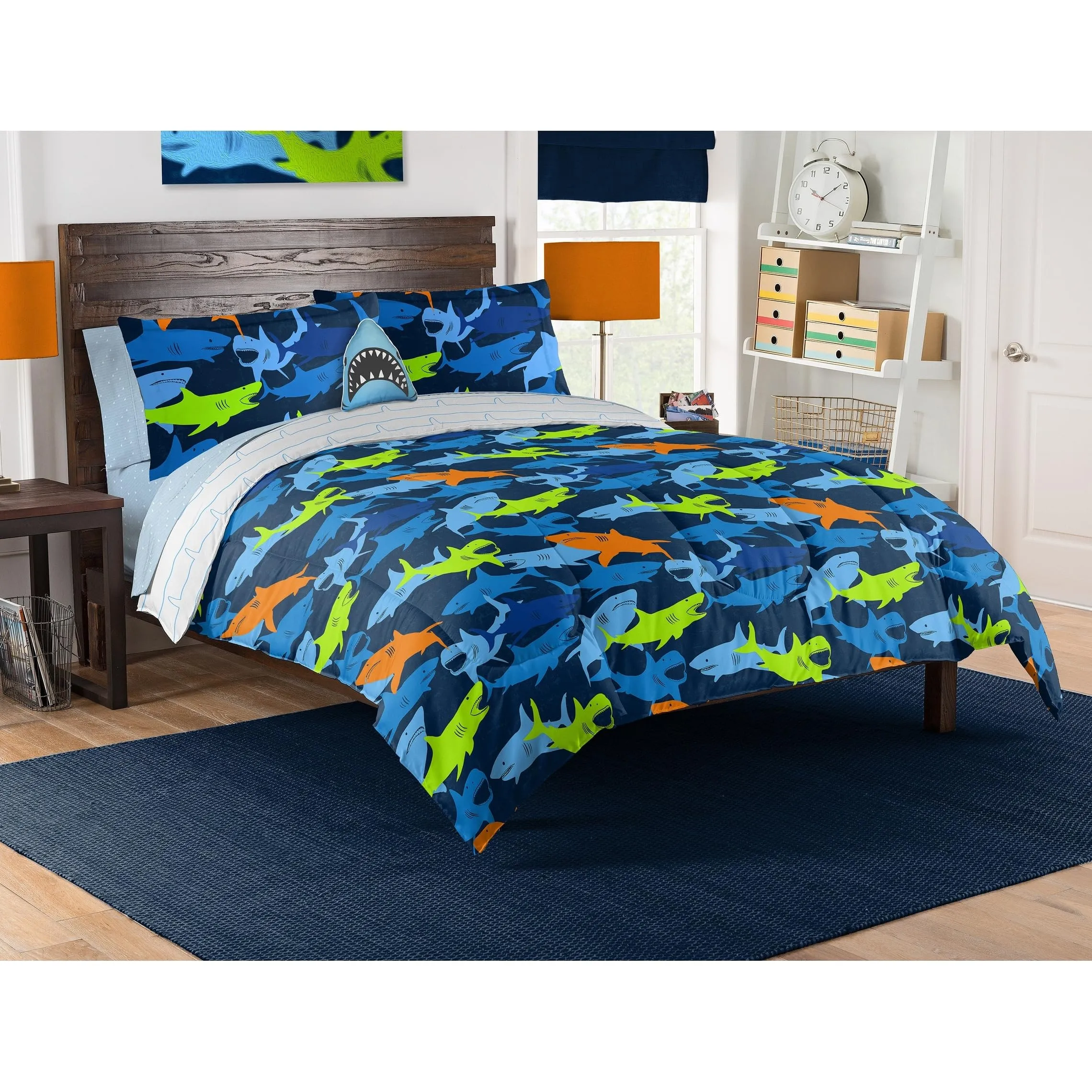 Kids Shark Adventure Full Bed-in-a-Bag with Decorative Pillow Blue