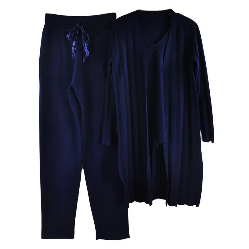 Knitted 3 Pieces Set Women Long Sleeve Tops and Pants Suits