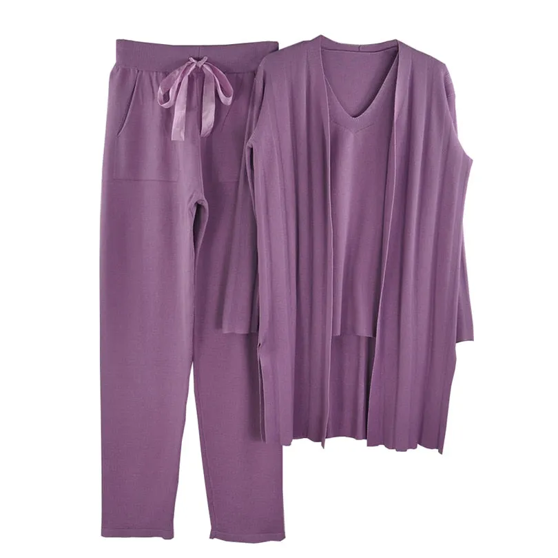Knitted 3 Pieces Set Women Long Sleeve Tops and Pants Suits