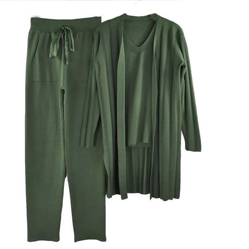 Knitted 3 Pieces Set Women Long Sleeve Tops and Pants Suits