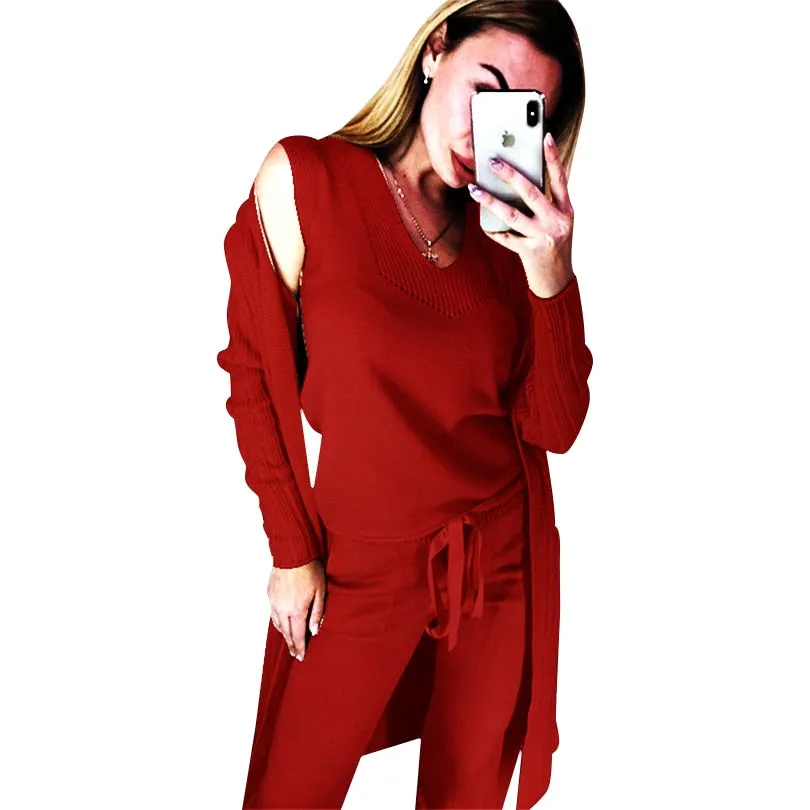 Knitted 3 Pieces Set Women Long Sleeve Tops and Pants Suits