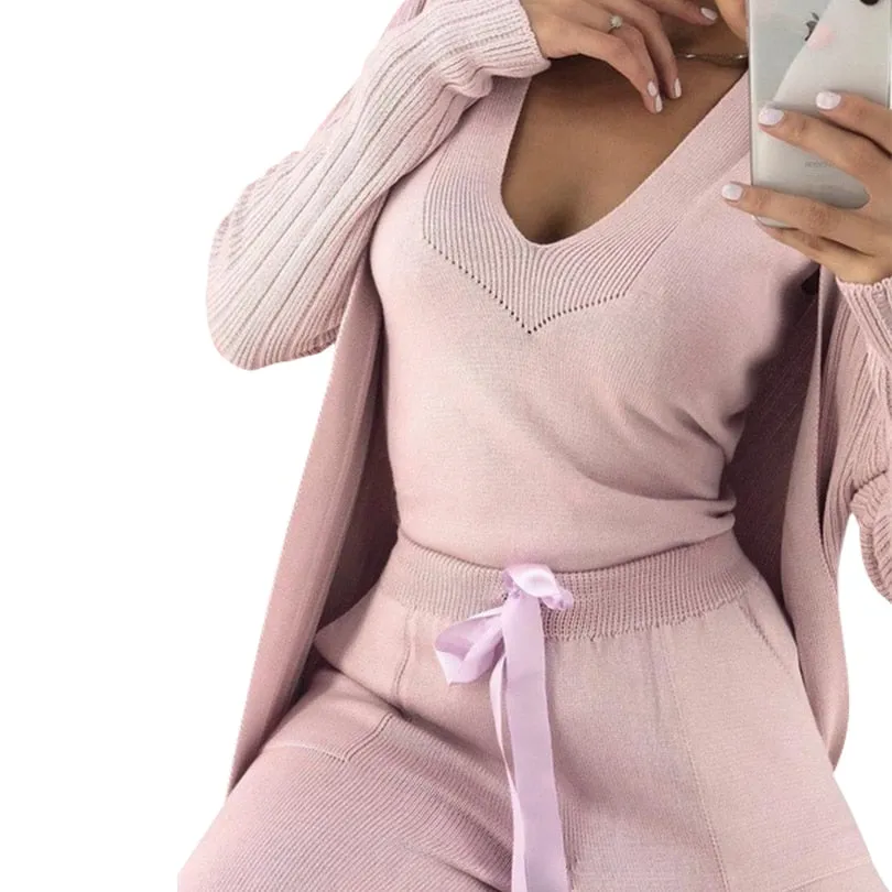 Knitted 3 Pieces Set Women Long Sleeve Tops and Pants Suits