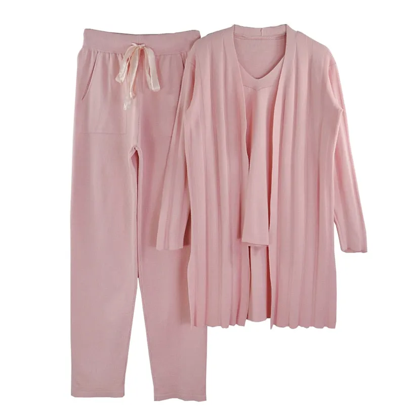 Knitted 3 Pieces Set Women Long Sleeve Tops and Pants Suits