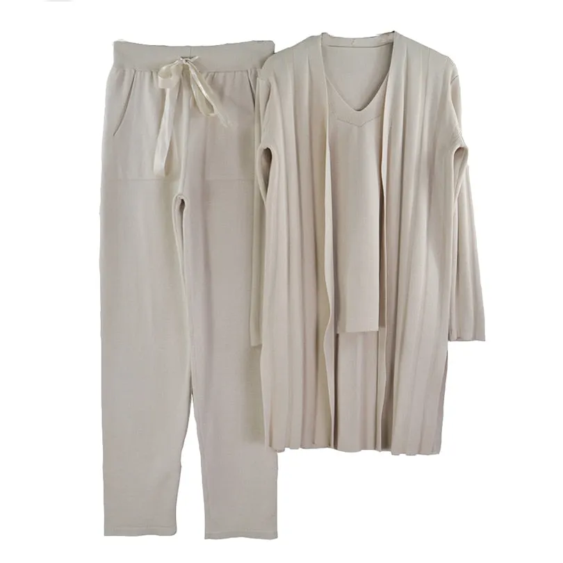 Knitted 3 Pieces Set Women Long Sleeve Tops and Pants Suits