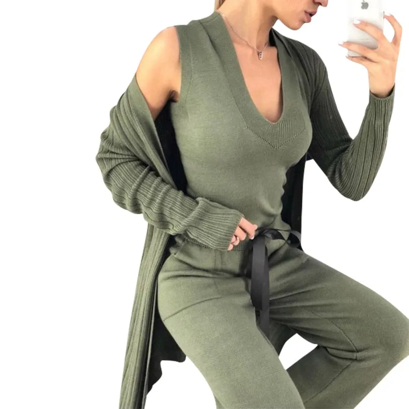 Knitted 3 Pieces Set Women Long Sleeve Tops and Pants Suits