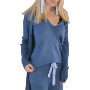 Knitted 3 Pieces Set Women Long Sleeve Tops and Pants Suits