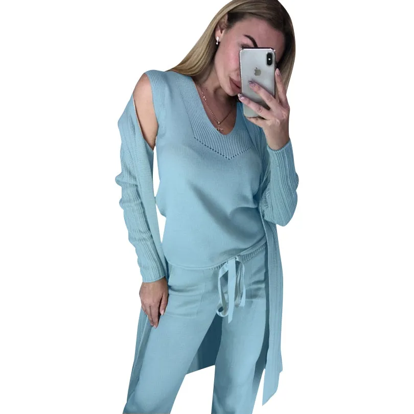 Knitted 3 Pieces Set Women Long Sleeve Tops and Pants Suits