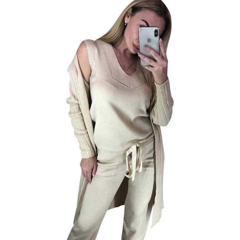 Knitted 3 Pieces Set Women Long Sleeve Tops and Pants Suits