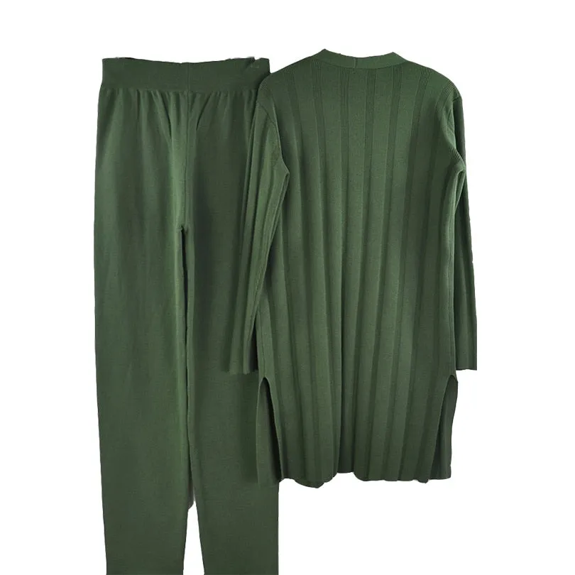 Knitted 3 Pieces Set Women Long Sleeve Tops and Pants Suits