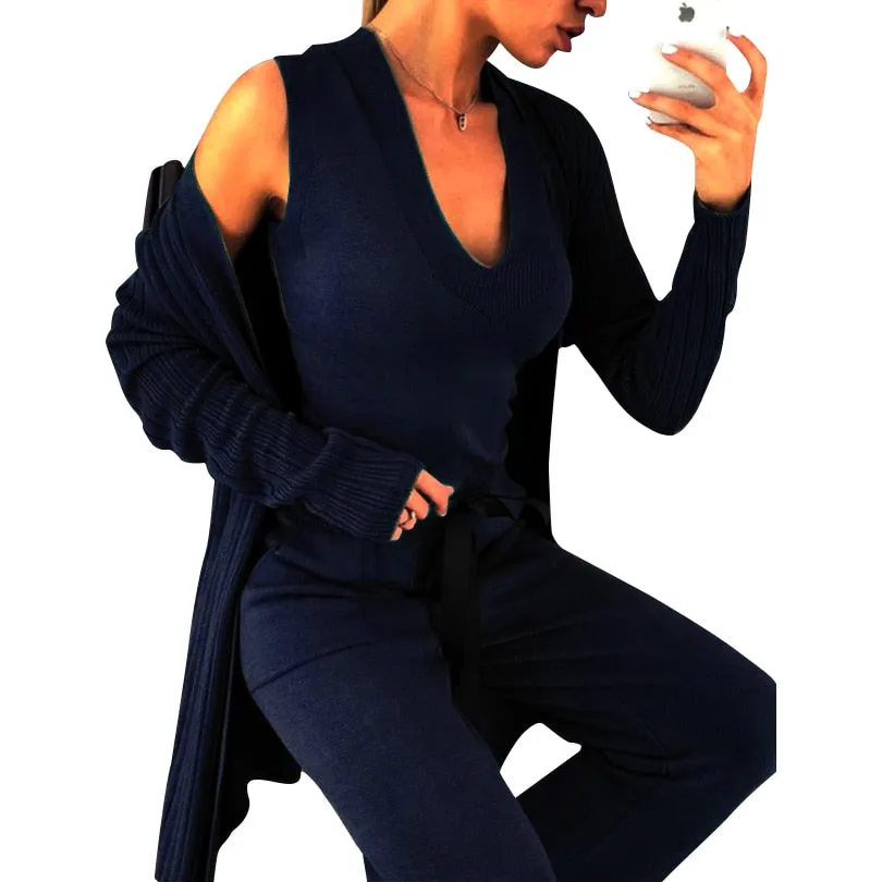 Knitted 3 Pieces Set Women Long Sleeve Tops and Pants Suits