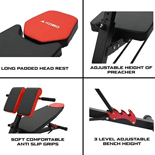 Kobo EB-1013 Steel Multi Function Imported 10 Exercises Adjustable Dumbbell Bench with Preacher Curl for Home Gym (Black/Red)