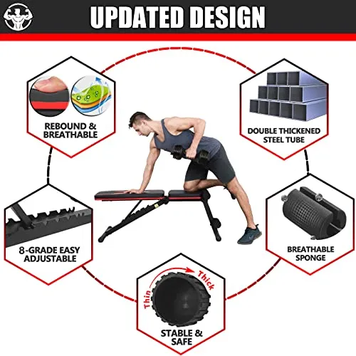 KOMSURF Weight Bench, Adjustable Workout Bench, Exercise Bench Press for Home Gym, Foldable Equipment Body Gym System, Strength Training Bench for Full Body Workout