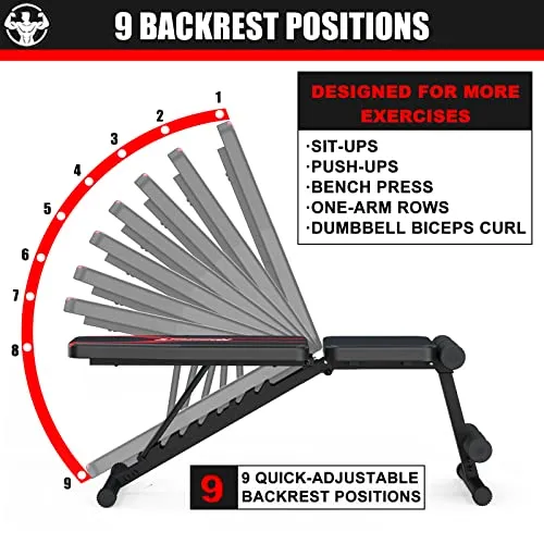 KOMSURF Weight Bench, Adjustable Workout Bench, Exercise Bench Press for Home Gym, Foldable Equipment Body Gym System, Strength Training Bench for Full Body Workout