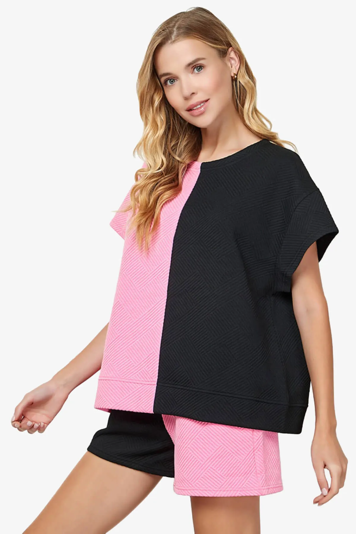 Lassy Textured Colorblock Short Sleeve Top