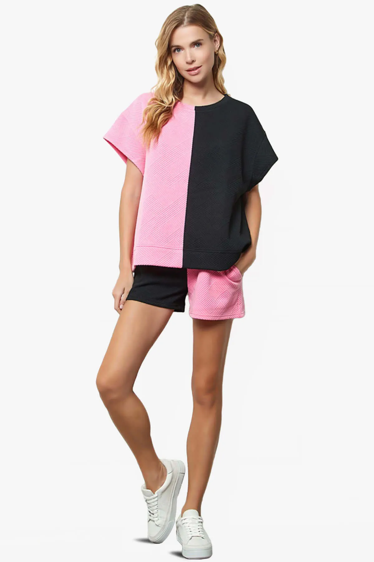 Lassy Textured Colorblock Short Sleeve Top